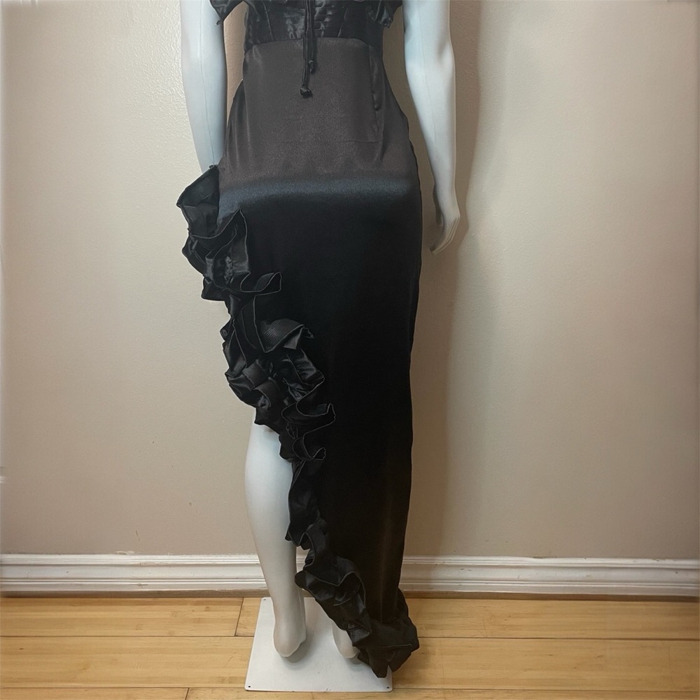 Black satin deep V-neck high low ruffle dress - Picture 10 of 13